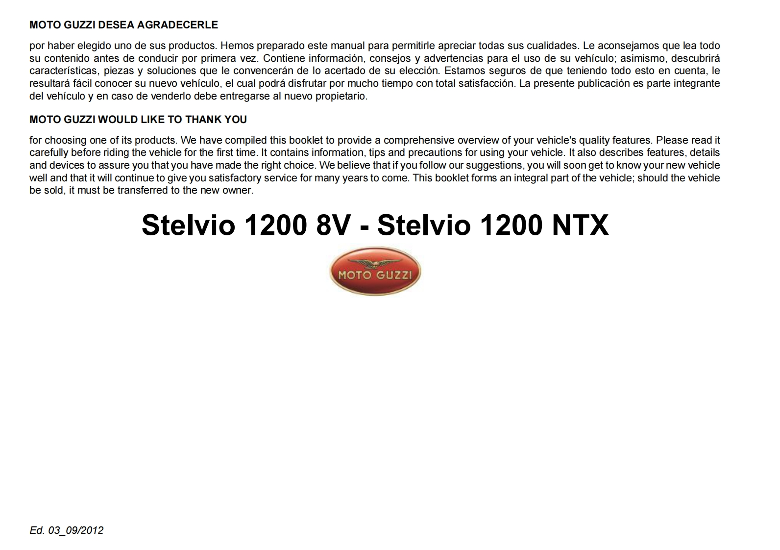 MOTOGUZZI摩托古兹摩托车Stelvio-1200-8V---Stelvio-1200-NTX-My2011-ES-EN维修操作说明书手册