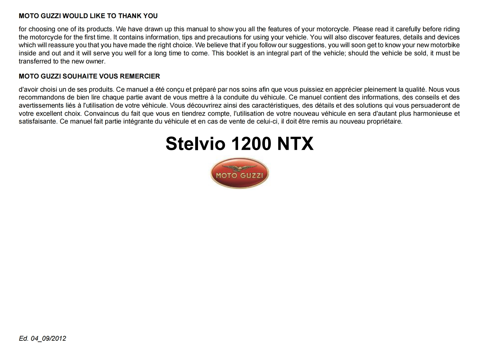 MOTOGUZZI摩托古兹摩托车Stelvio-1200-NTX-ENUS-FR-My2012维修操作说明书手册
