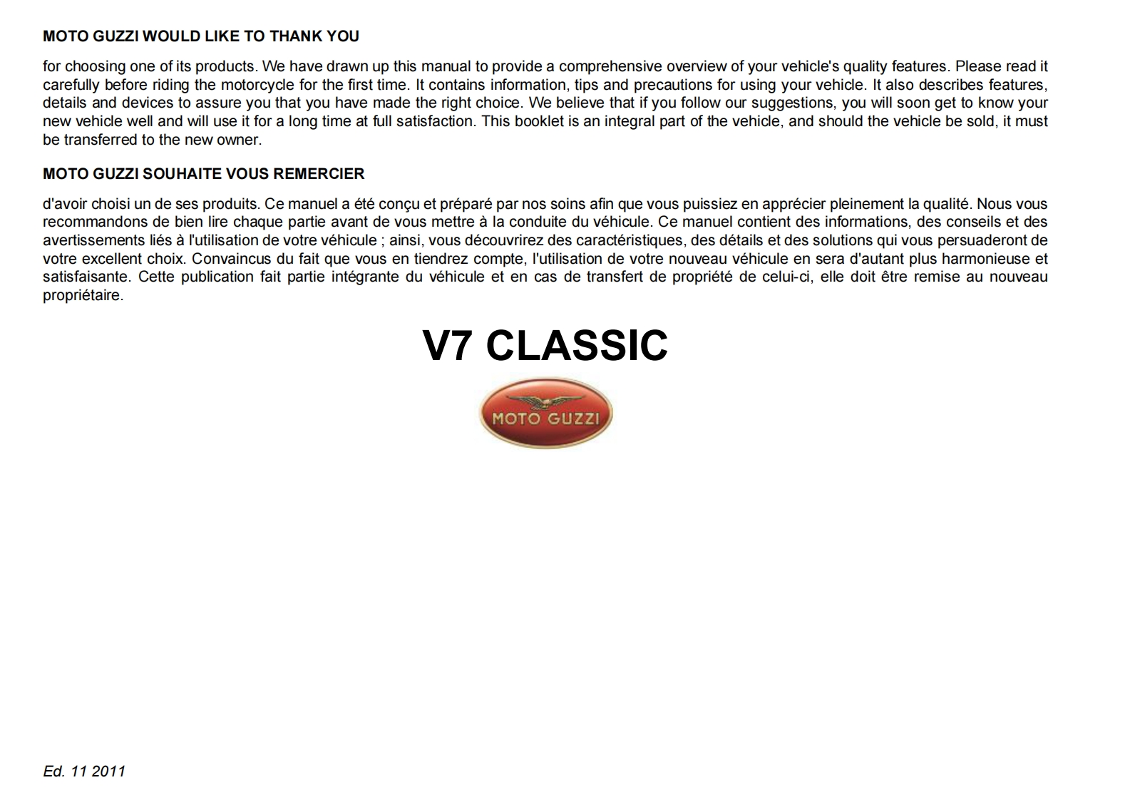 MOTOGUZZI摩托古兹摩托车V7-Classic-USA-CDN-Ed.01-2011维修操作说明书手册