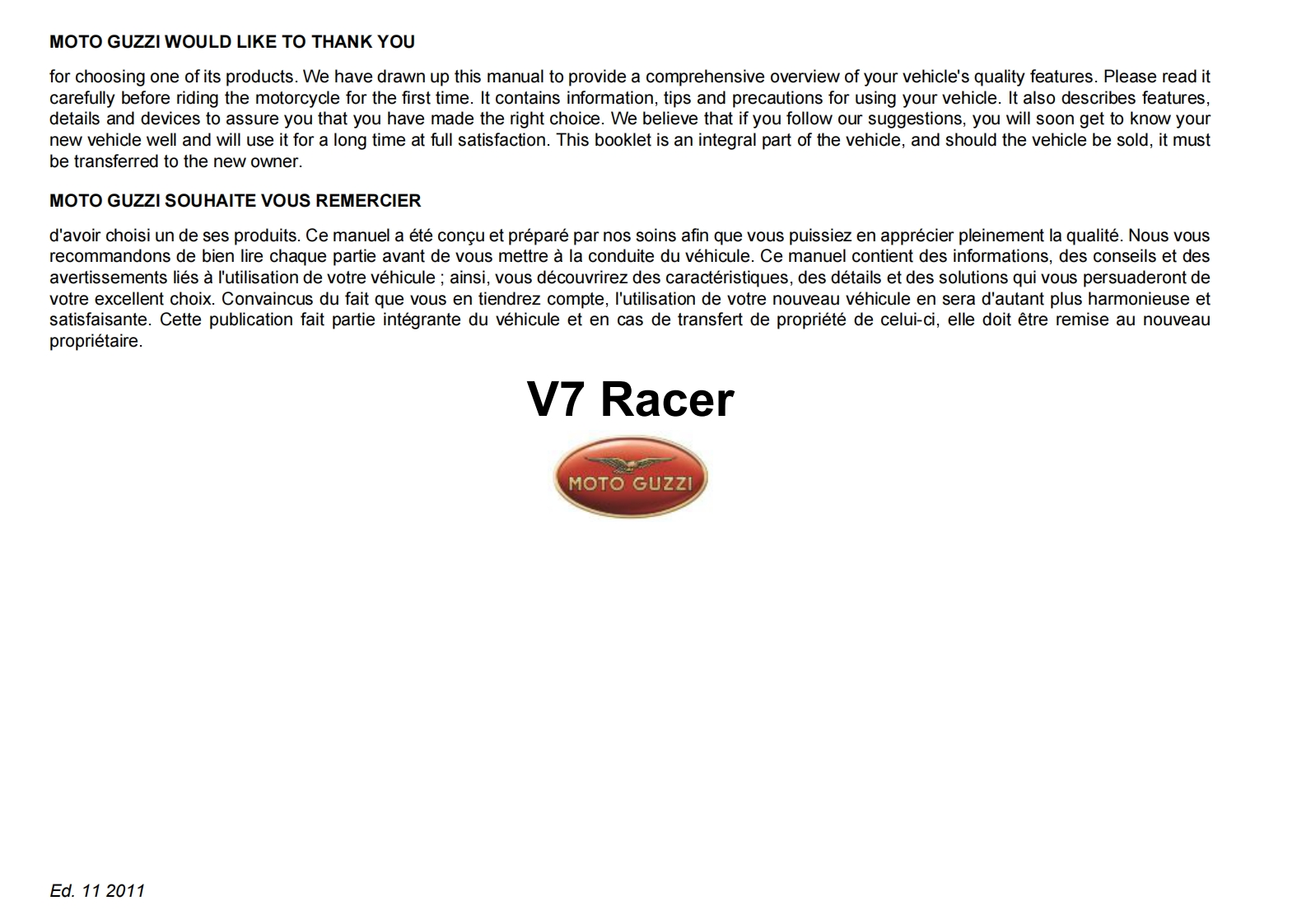 MOTOGUZZI摩托古兹摩托车V7-Racer-ENUS-FR-Ed.01-2011维修操作说明书手册