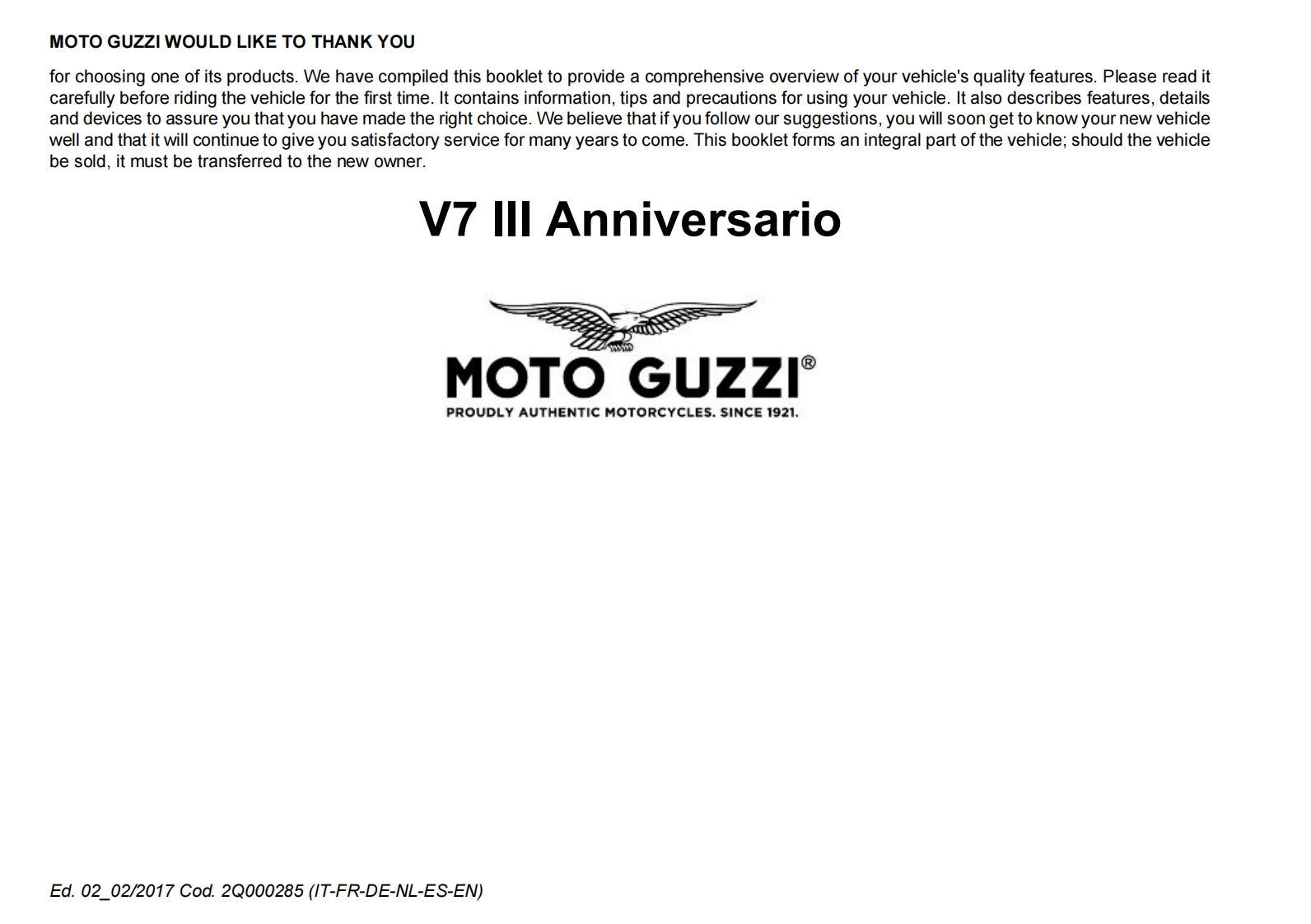 MOTOGUZZI摩托古兹摩托车v7iii-anniversario维修操作说明书手册