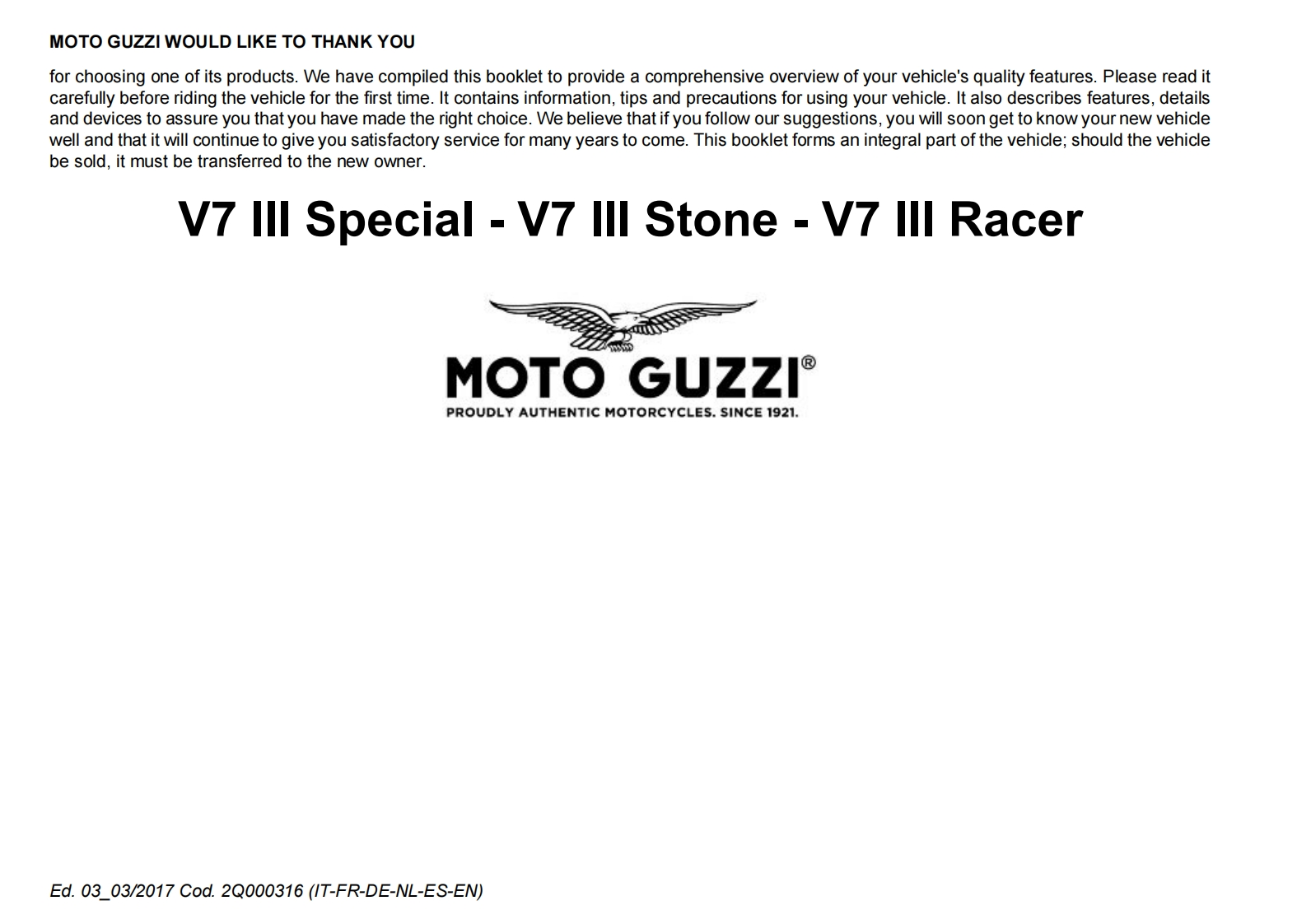 MOTOGUZZI摩托古兹摩托车v7iii-race-stone-special维修操作说明书手册