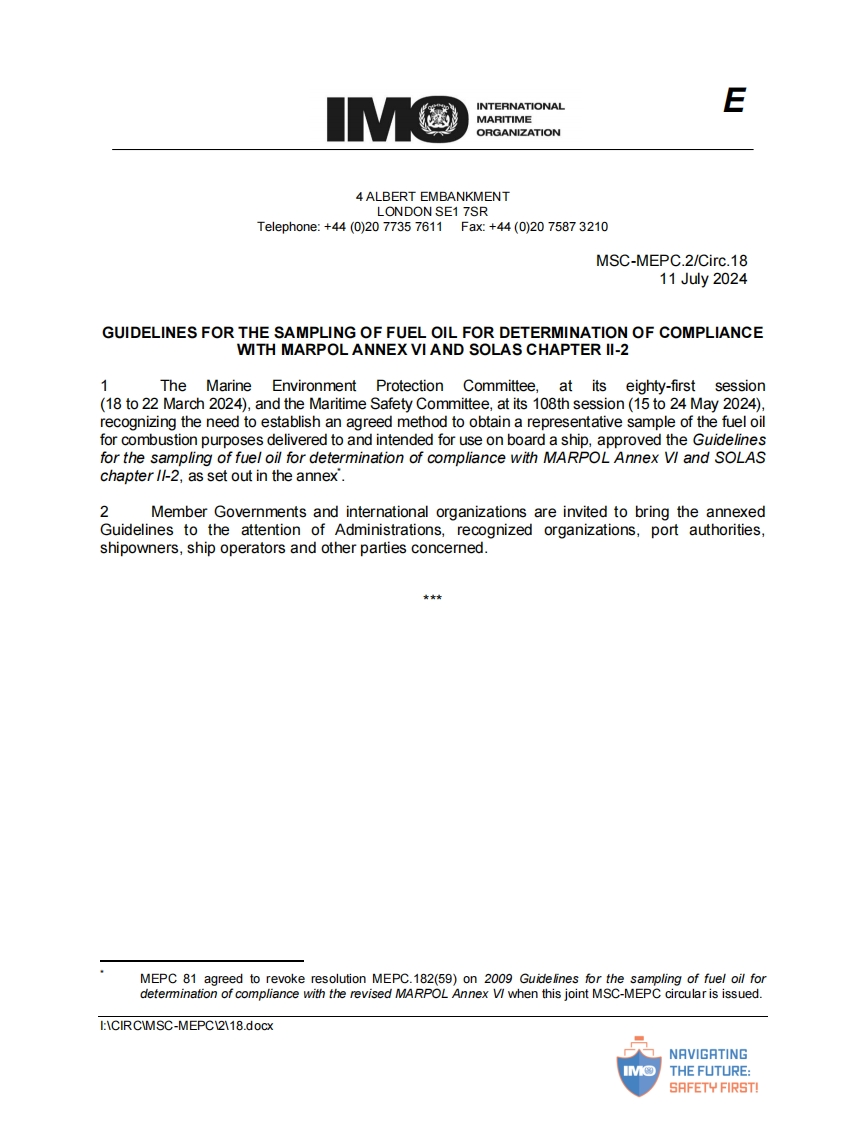 MSC-MEPC.2-Circ.18？-？Guidelines？for？the？sampling？of？fuel？oil？for？determination？of？compliance？with？MARPOL？Annex？VI？and？SOLAS？chapter？II-2