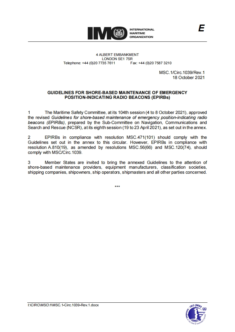 MSC.1-Circ.1039-Rev.1-GuidelinesForShore-BasedMaintenanceOfEmergencyPosition-IndicatingRadioBeacons(Epi...(Secretariat)