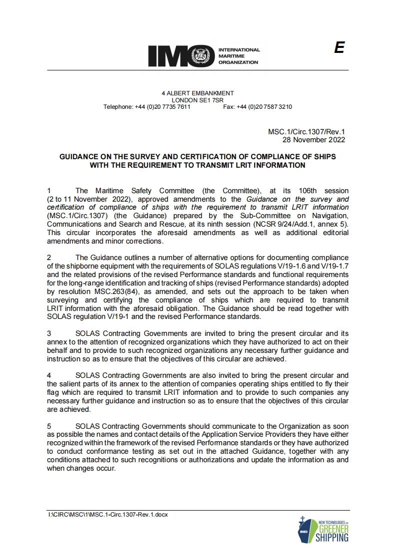MSC.1-Circ.1307-Rev.1？-？Guidance？on？the？survey？and？certification？of？compliance？of？ships？with？the？requirement？to？transmit？LRIT？information