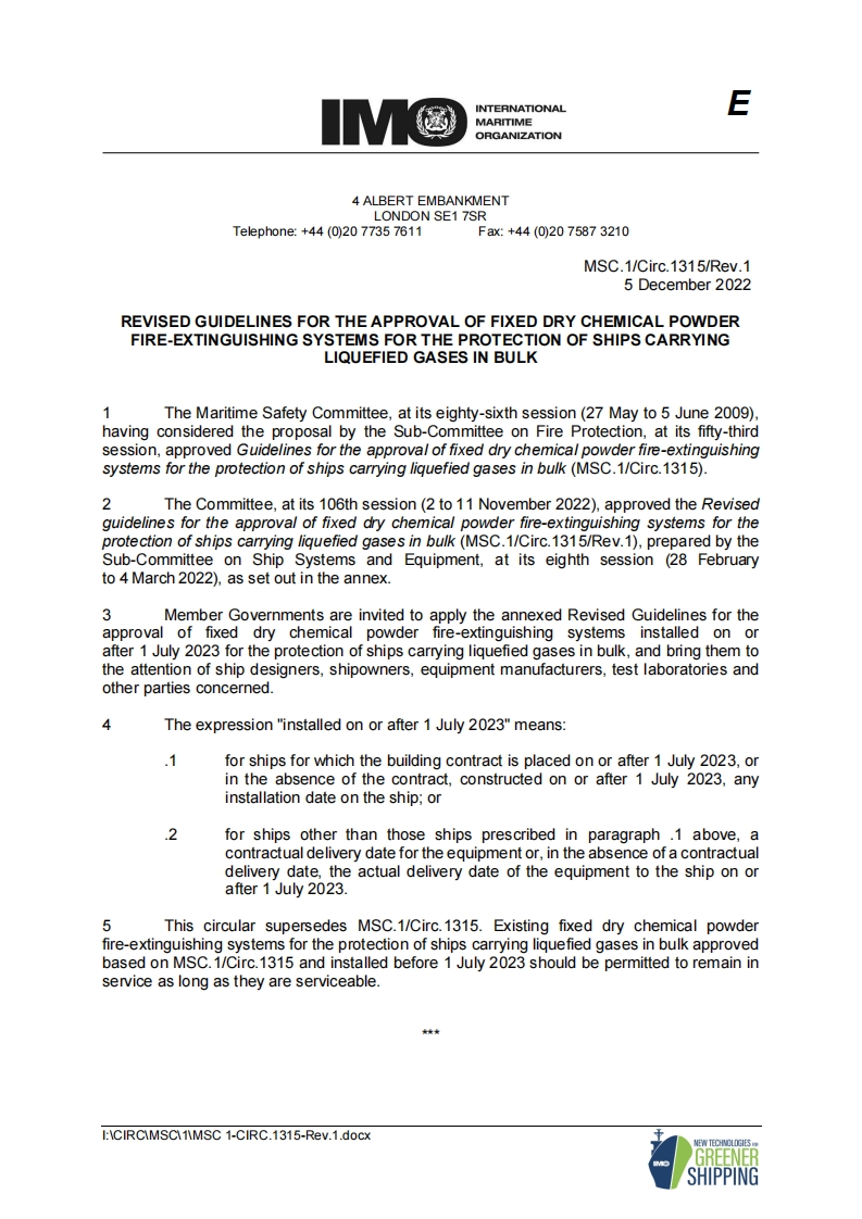 MSC.1-Circ.1315-Rev.1？-？Revised？guidelines？for？the？approval？of？fixed？dry？chemical？powder？fire-extinguishing？systems？for？the？protection？of？ships？carrying？liquefied？gases？in？bulk