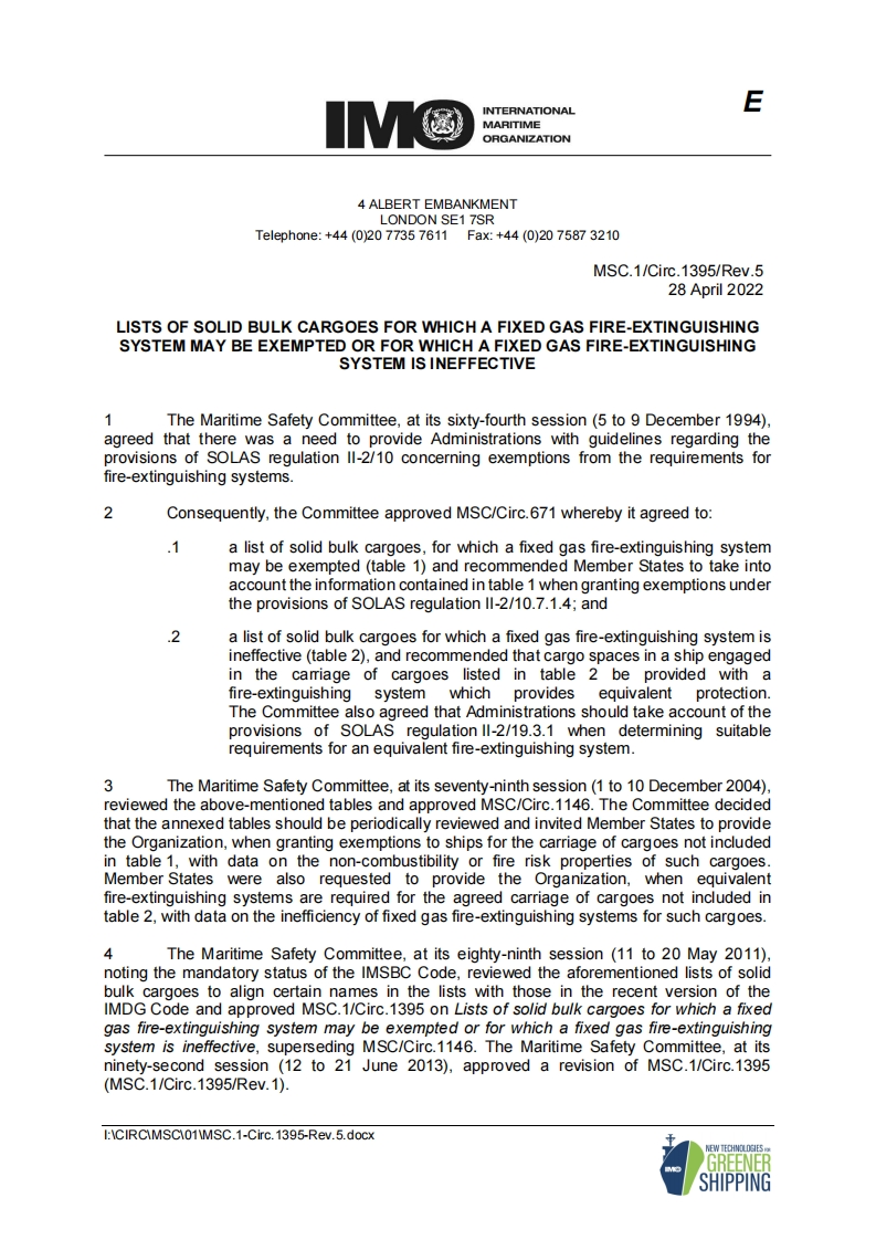 MSC.1-Circ.1395-Rev.5-ListsOfSolidBulkCargoesForWhichAFixedGasFire-ExtinguishingSystemMayBeExemptedorForWhichAFixedGasFire-ExtinguishingSystemisineffective