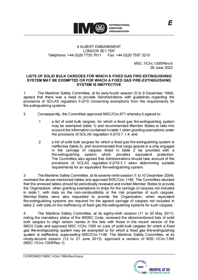 MSC.1-Circ.1395-Rev.6-Listsofsolidbulkcargoesforwhichafixedgasfire-extinguishingsystemmaybeexemptedorforwhichafixedgasfire-extinguishingsystemisineffective
