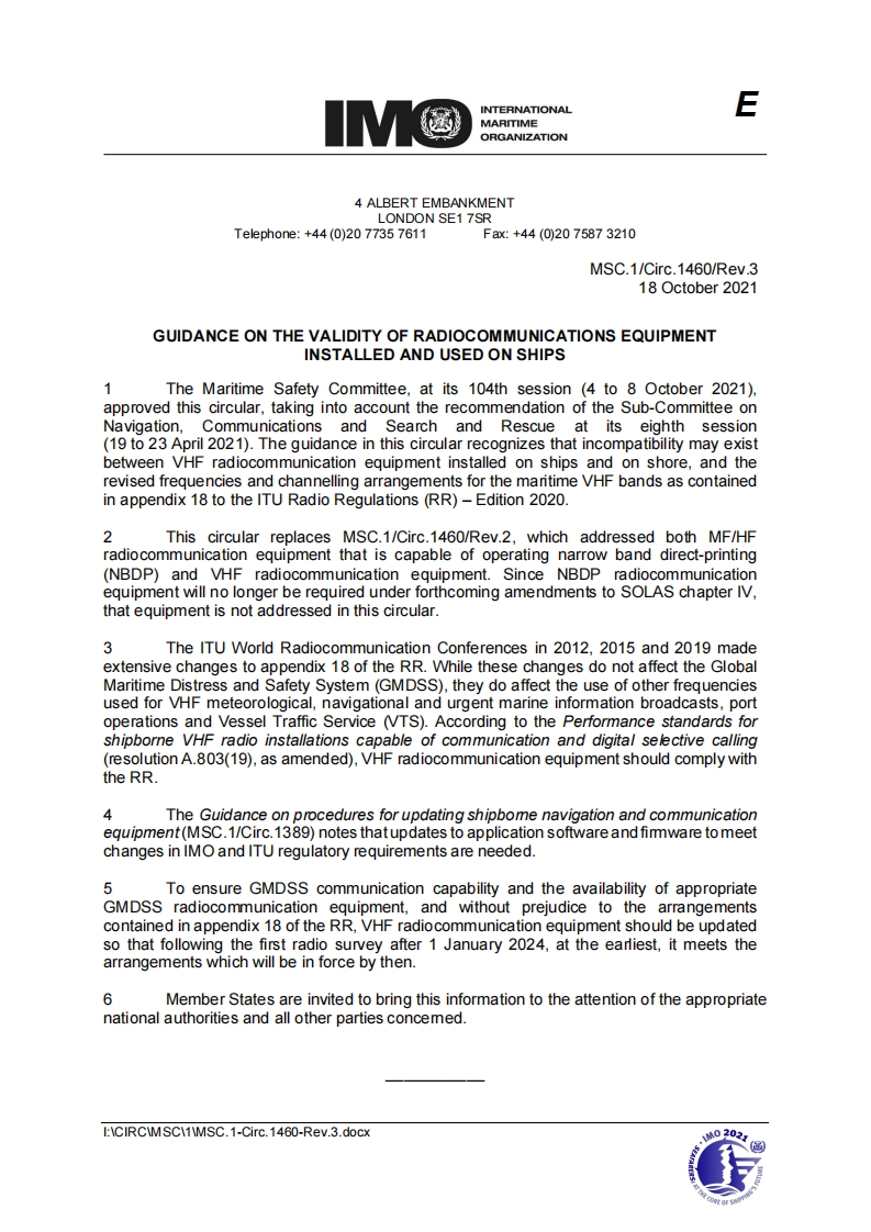 MSC.1-Circ.1460-Rev.3-GuidanceOnTheValidityOfRadiocommunicationsEquipmentInstalledAndUsedOnShips(Secretariat)