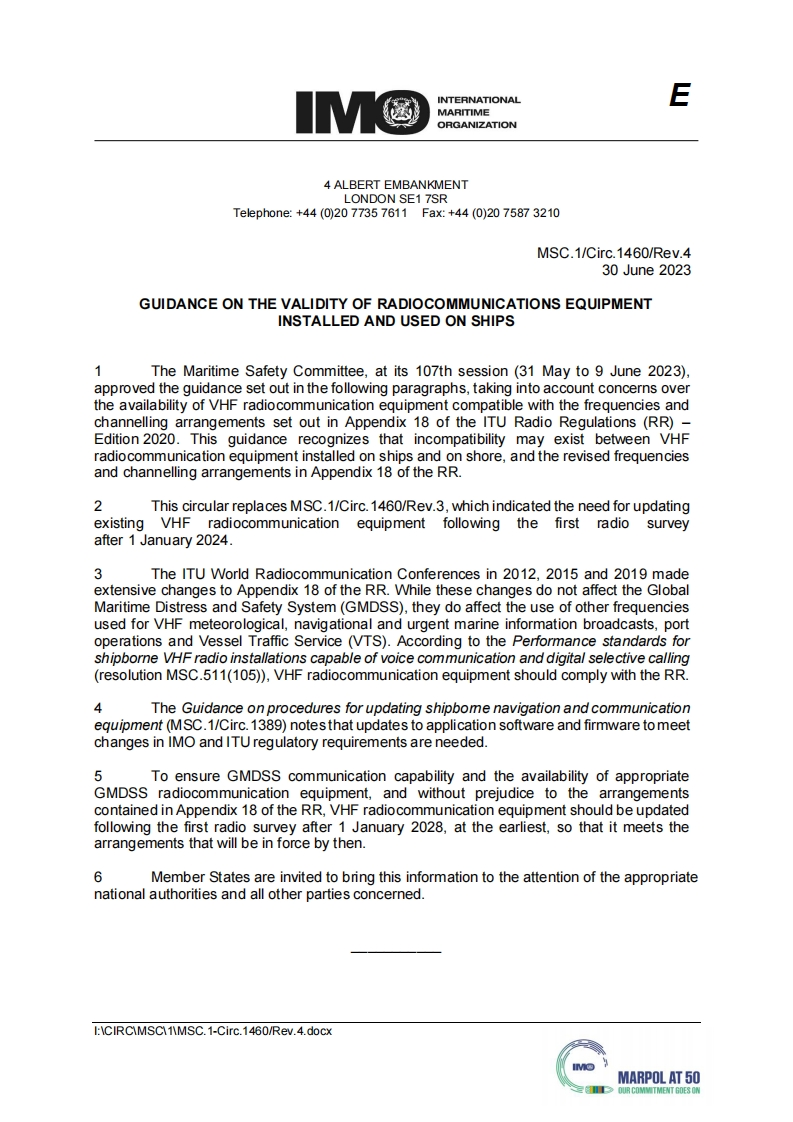 MSC.1-Circ.1460-Rev.4-GuidanceOnTheValidityOfRadiocommunicationsEquipmentInstalledAndUsedOnShips(Secretariat)