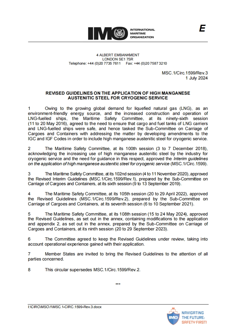 MSC.1-Circ.1599-Rev.3？-？Revised？Guidelines？On？The？Application？Of？High？Manganese？Austenitic？Steel？For？Cryogenic？Service