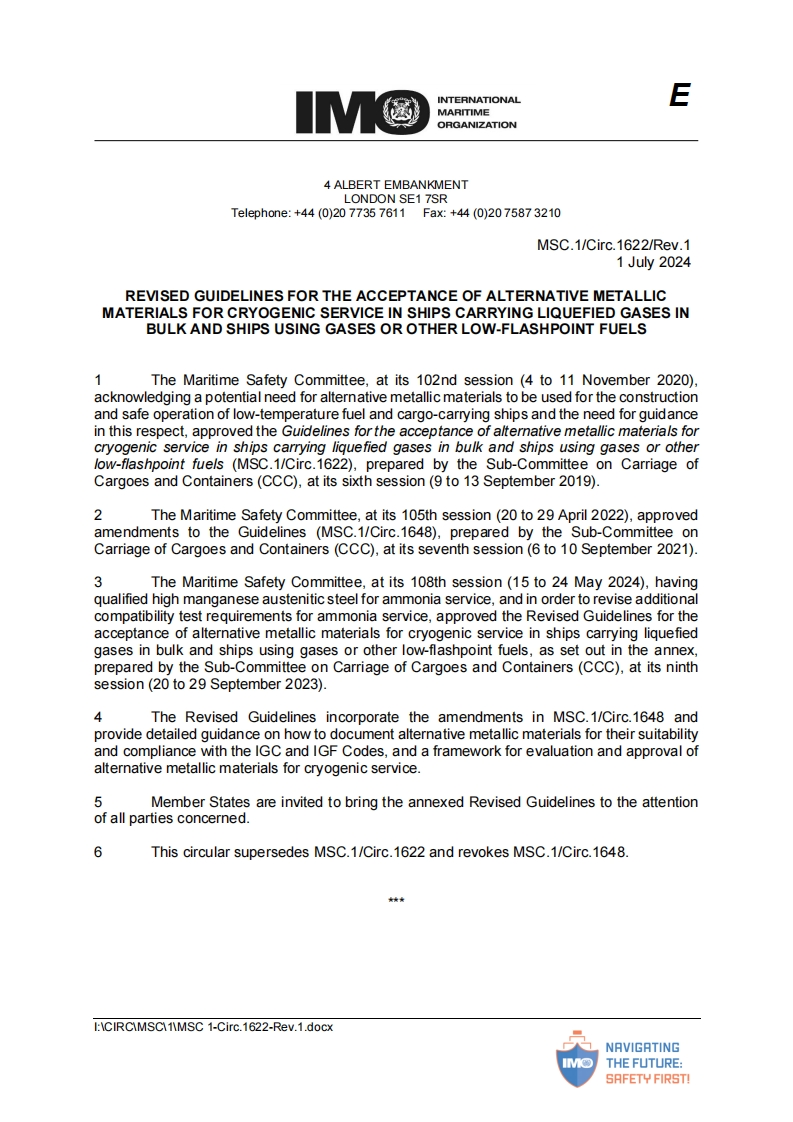 MSC.1-Circ.1622-Rev.1？-？Revised？Guidelines？For？The？Acceptance？Of？Alternative？Metallic？Materials？For？Cryogenic？Service