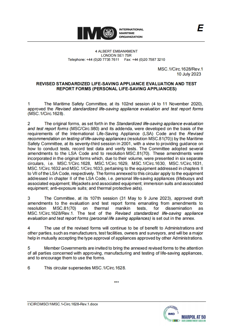 MSC.1-Circ.1628-Rev.1-RevisedStandardizedLife-SavingApplianceEvaluationAndTestReportForms(personallifesavingappliances)
