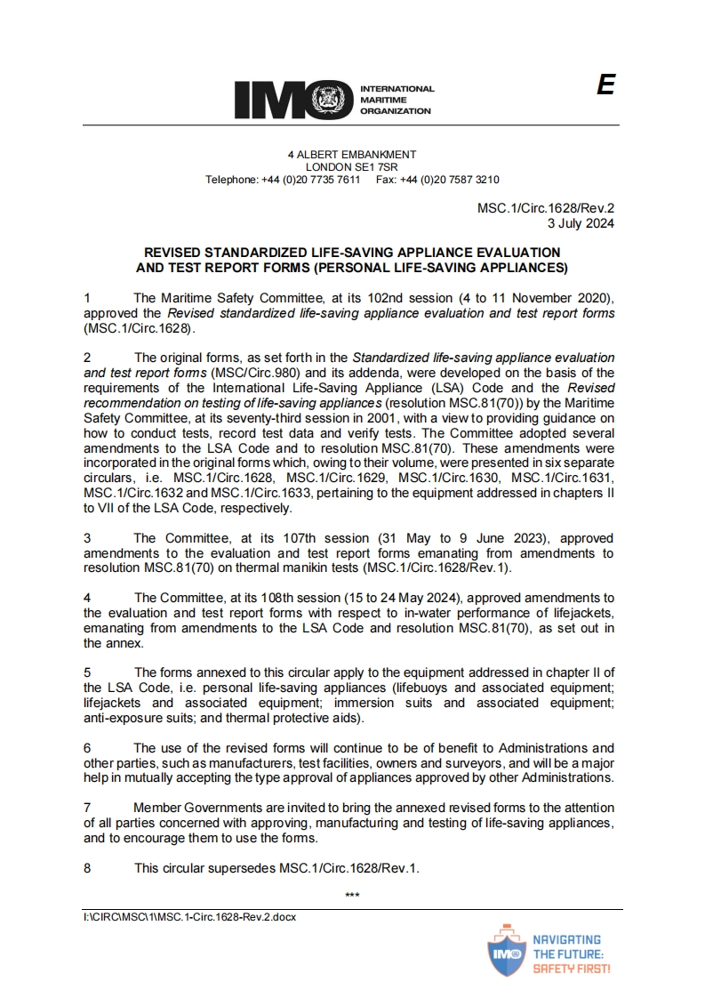 MSC.1-Circ.1628-Rev.2？-？Revised？Standardized？Life-Saving？Appliance？EvaluationAnd？Test？Report？Forms？(personal？life-saving？appliance)