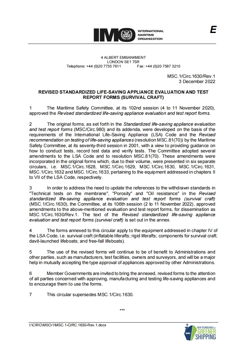 MSC.1-Circ.1630-Rev.1？-？Revised？Standardized？Life-Saving？Appliance？Evaluation？And？Test？Report？Forms？(Survival？Craft)