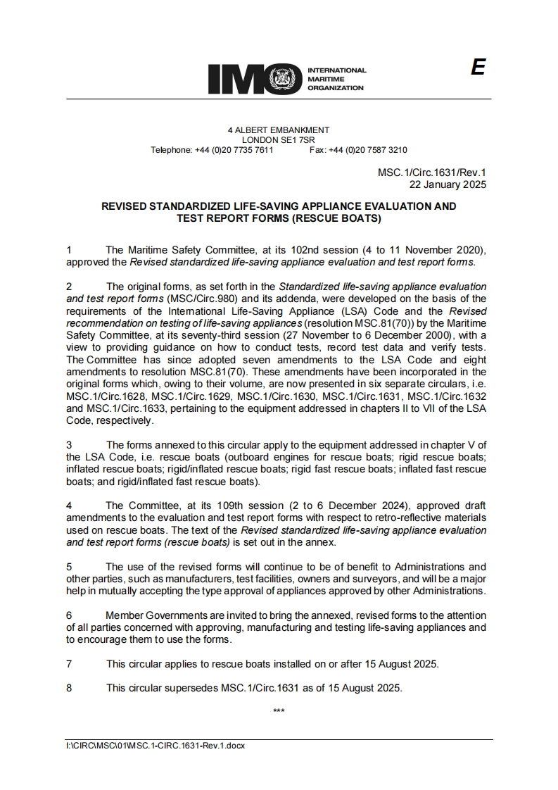 MSC.1-Circ.1631-Rev.1-RevisedStandardizedLife-SavingApplianceEvaluationAndTestReportForms(RescueBoats)