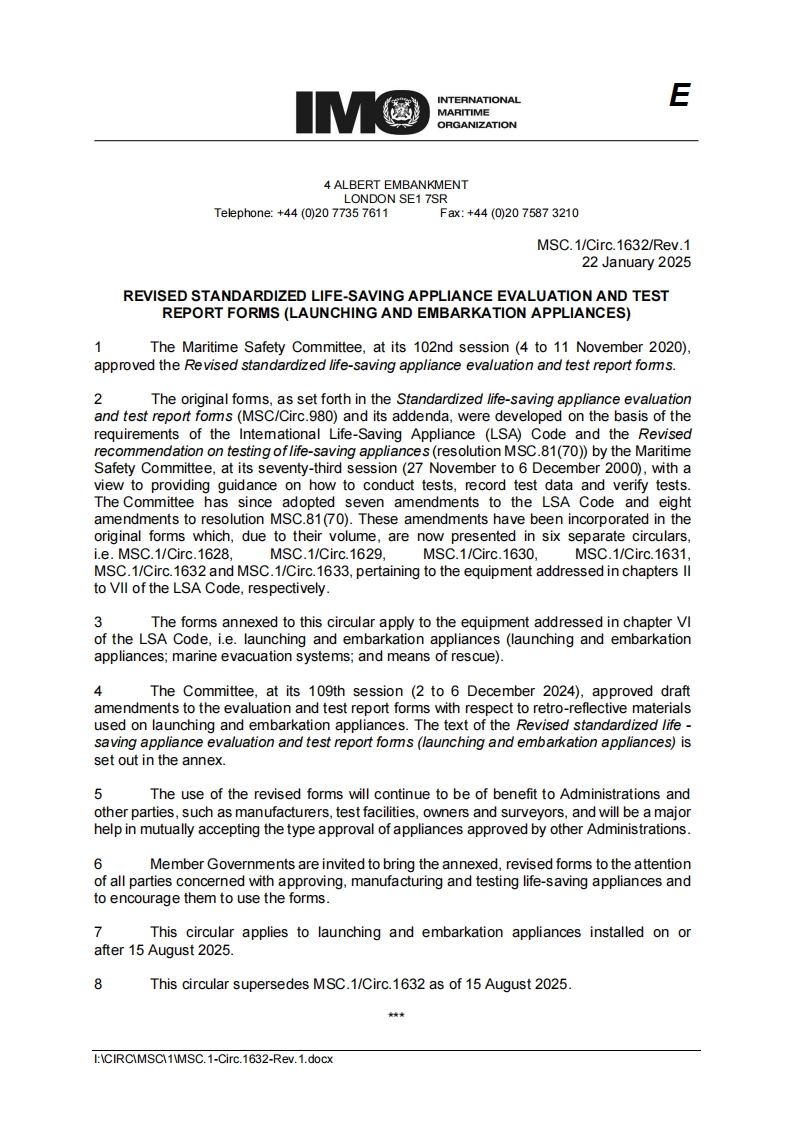 MSC.1-Circ.1632-Rev.1-RevisedStandardizedLife-SavingApplianceEvaluationAndTestReportForms(launchingandembarkationappliances)