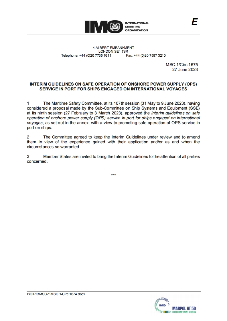 MSC.1-Circ.1675-Interimguidelinesonsafeoperationofonshorepowersupply(OPS)serviceinportforshipsengagedoninternationalvoyages