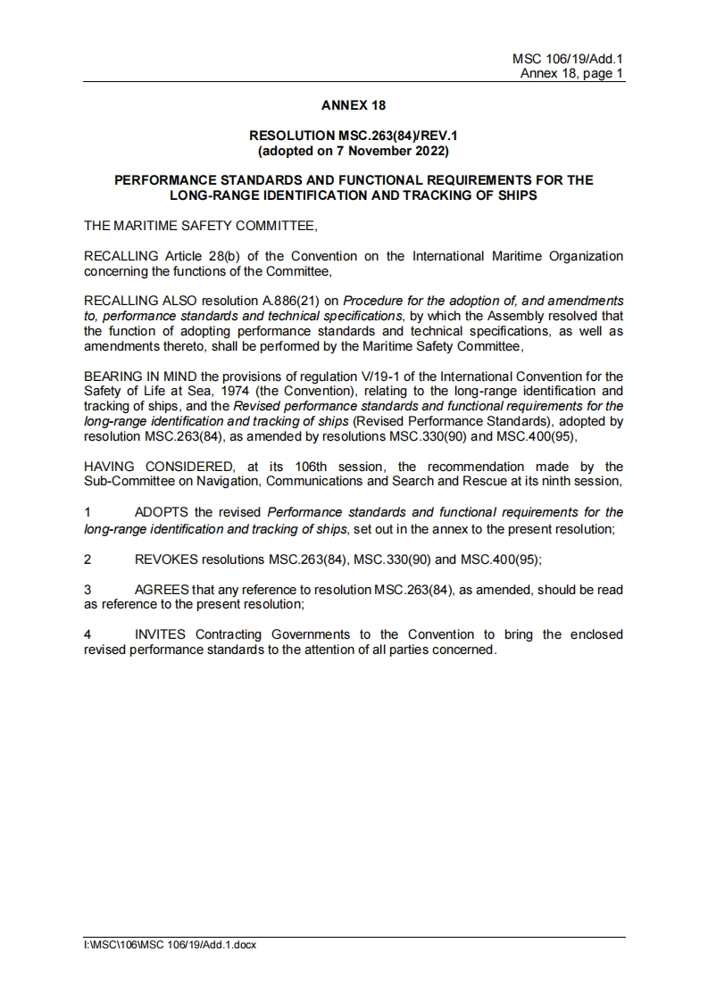 MSC.263(84)Rev.1-Performance？standards？and？functional？requirements？for？the？long-range？identification？and？tracking？of？ships