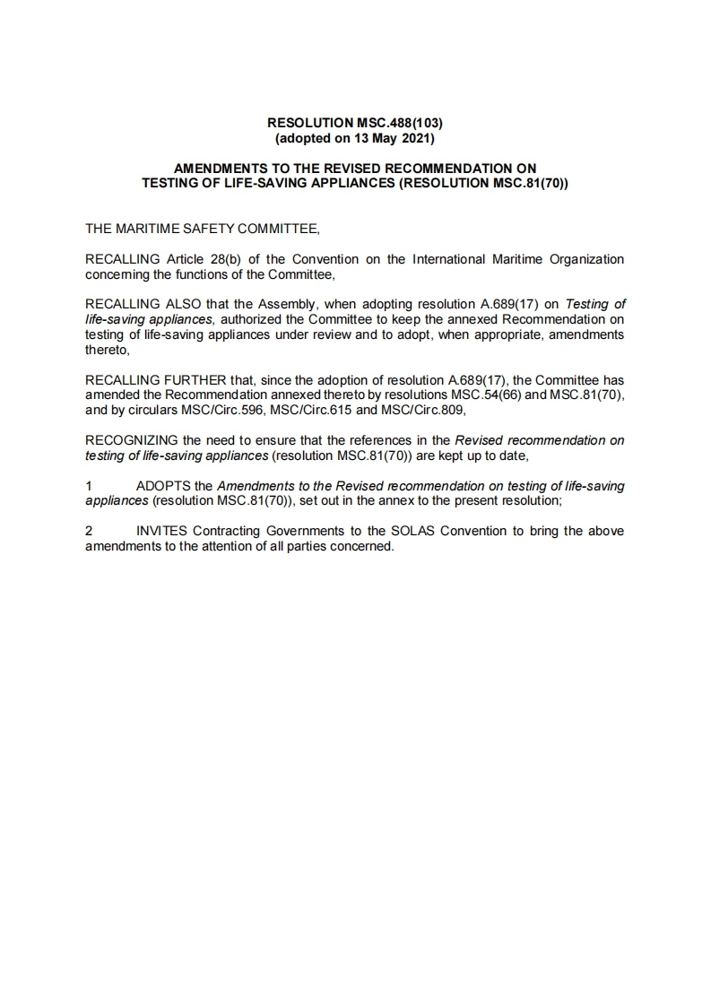 MSC.488(103)-AMENDMENTSTOTHEREVISEDRECOMMENDATIONONTESTINGOFLIFE-SAVINGAPPLIANCES