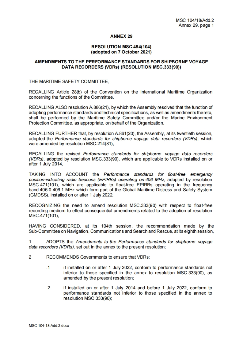 MSC.494(104)-AmendmentstothePerformancestandardsforshipbornevoyagedatarecorders(VDRs)