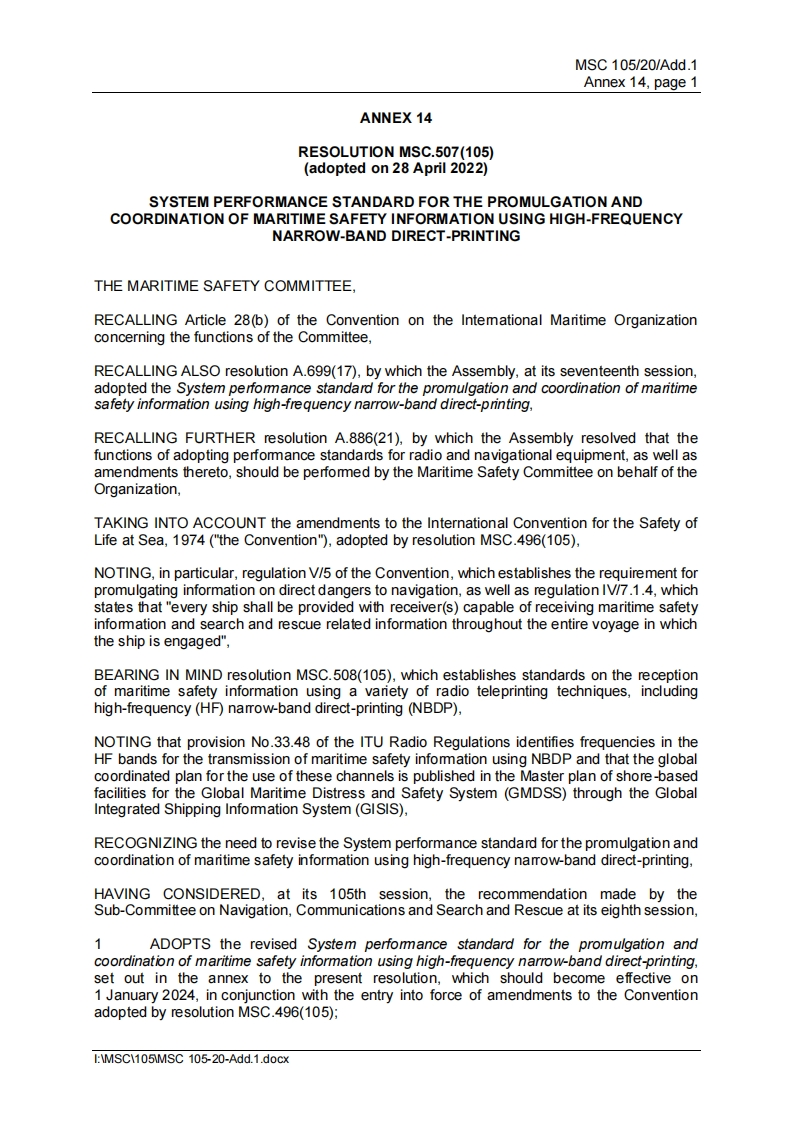 MSC.507(105)-Systemperformancestandardforthepromulgationandcoordinationofmaritimesafetyinformationusinghigh-frequencynarrow-banddirect-printing