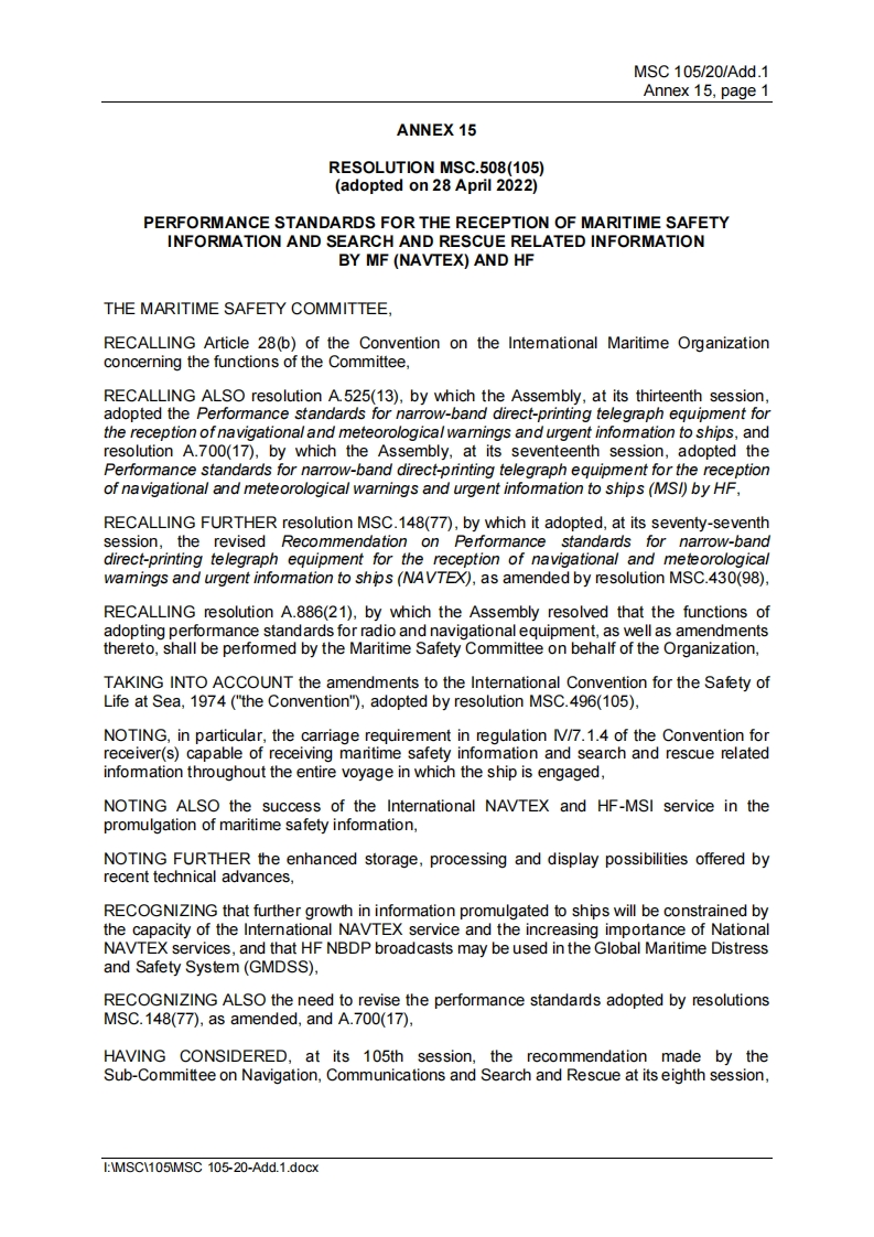 MSC.508(105)-PerformancestandardsforthereceptionofmaritimesafetyinformationandsearchandrescuerelatedinformationbyMF(NAVTEX)andHF