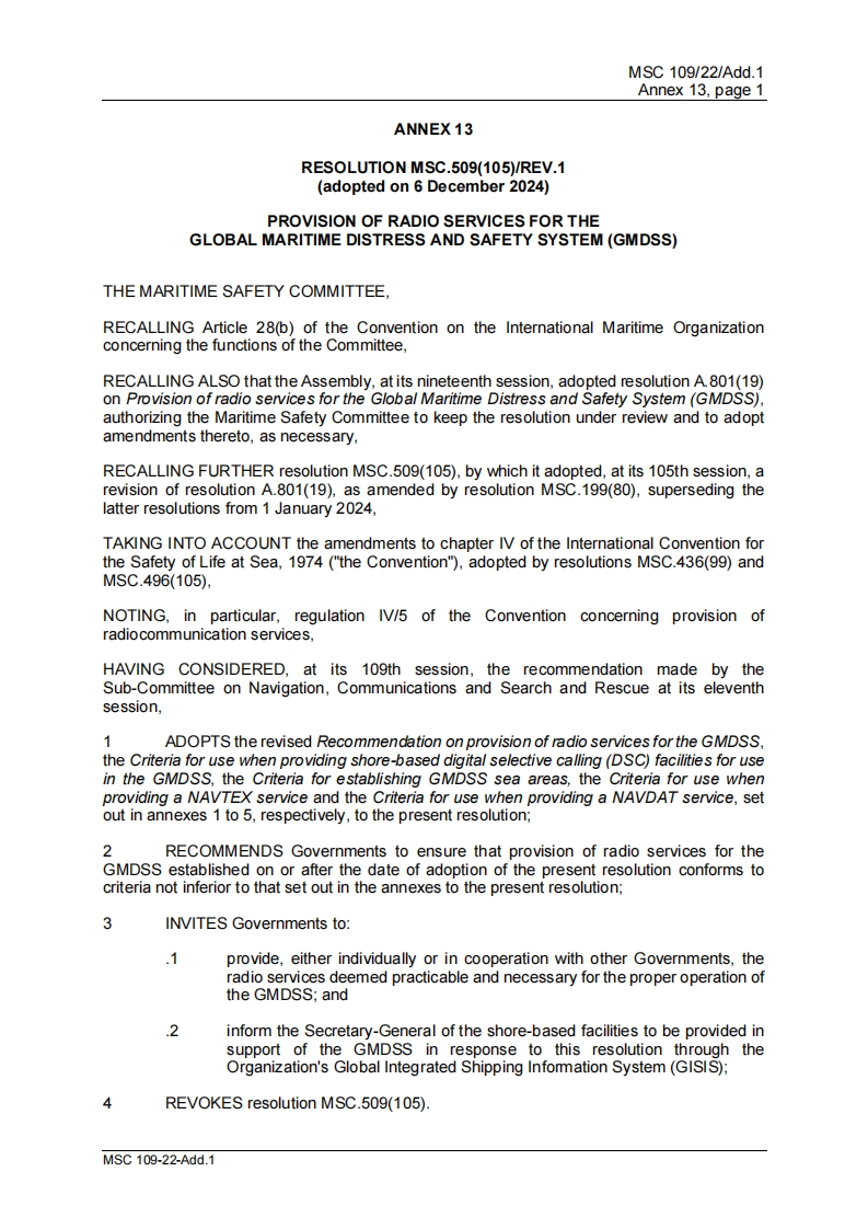 MSC.509(105)REV.1-ProvisionofradioservicesfortheGlobalMaritimeDistressandSafetySystem(GMDSS)