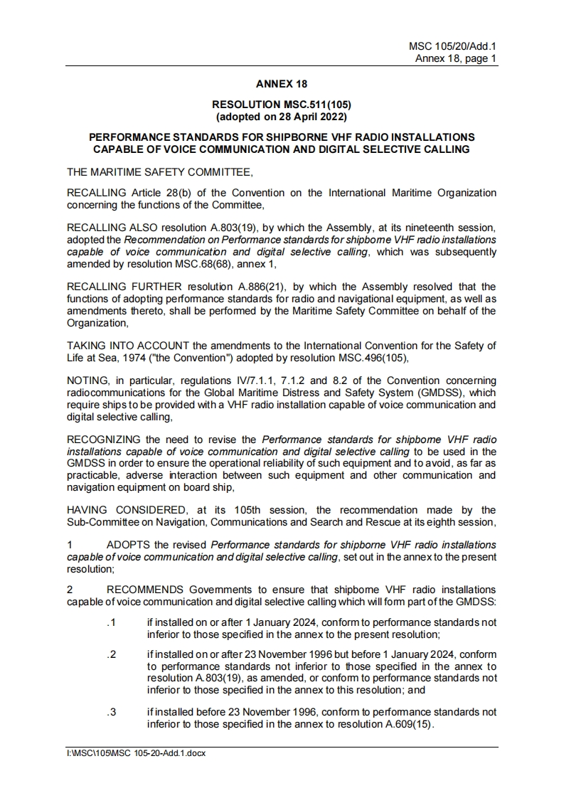 MSC.511(105)-PerformancestandardsforshipborneVHFradioinstallationscapableofvoicecommunicationanddigitalselectivecalling