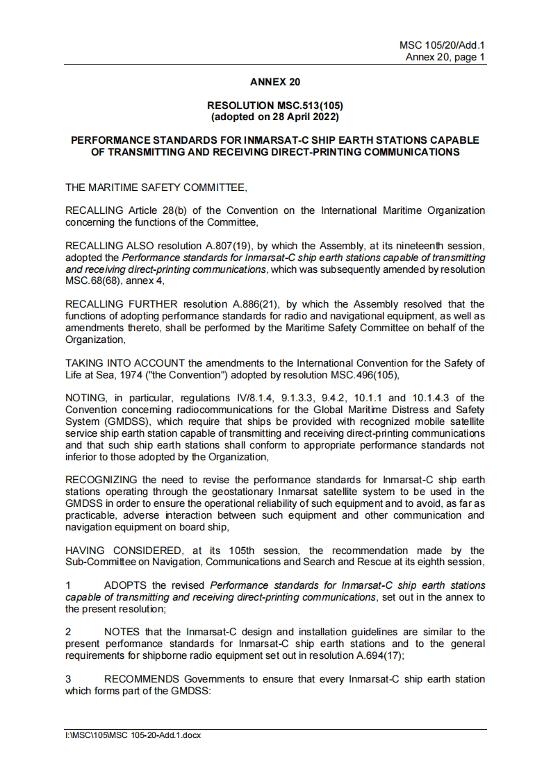 MSC.513(105)-PerformancestandardsforInmarsat-Cshipearthstationscapableoftransmittingandreceivingdirect-printingcommunications