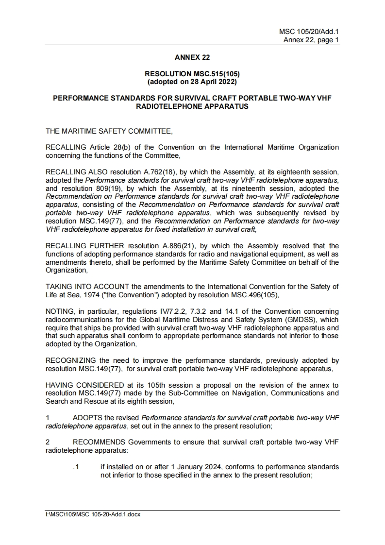 MSC.515(105)-Performancestandardsforsurvivalcraftportabletwo-wayVHFradiotelephoneapparatus