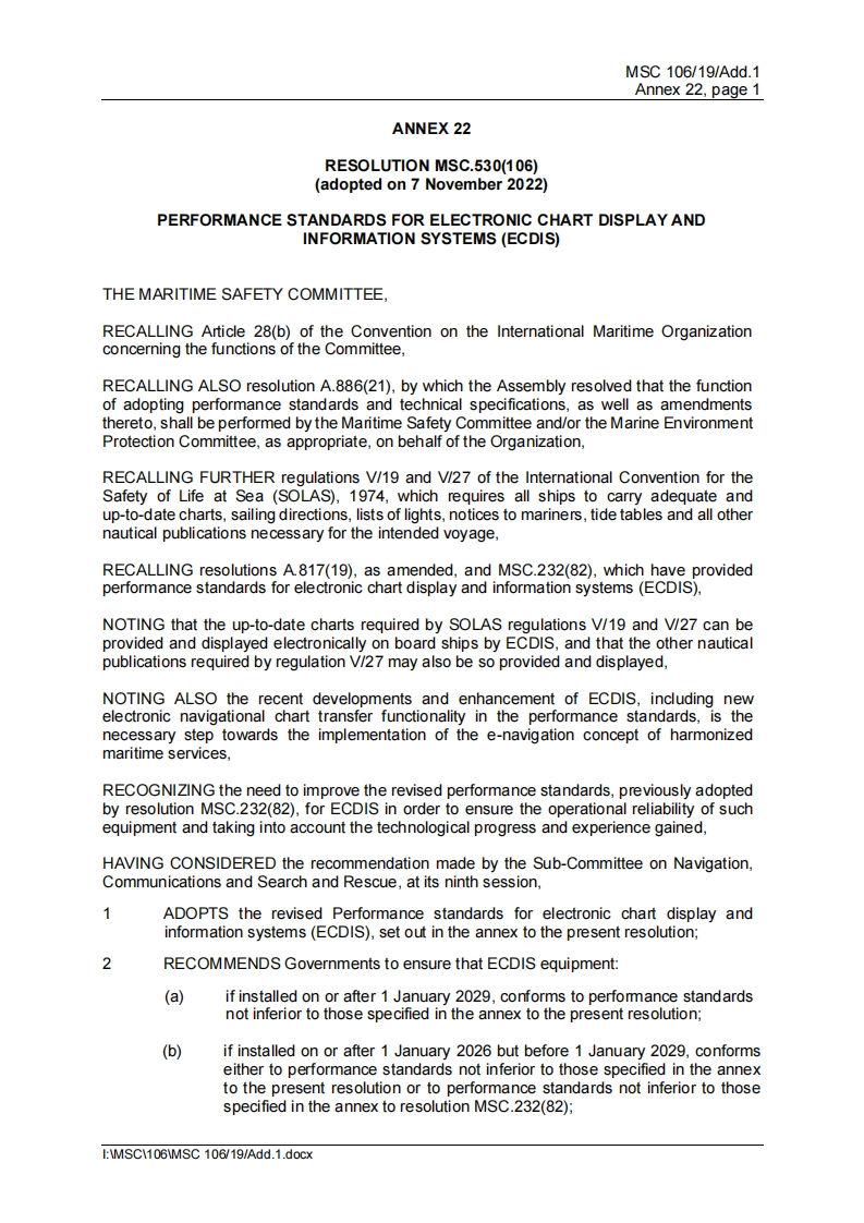 MSC.530(106)-Performance？standards？for？electronic？chart？display？and？information？systems？(ECDIS)