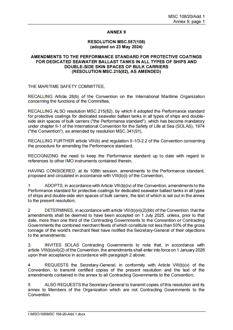 MSC.557(108)？-？Amendments？to？the？Performance？standard？for？protective？coatings？for？dedicated？seawater？ballast？tanks？in？all？types？of？ships？and？double？side？skin？spaces？of？bulk？carriers