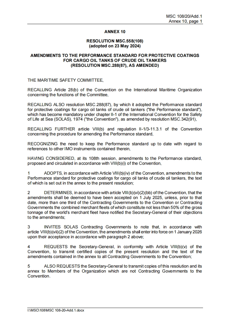 MSC.558(108)？-？Amendments？to？the？Performance？standard？for？protective？coatings？for？cargo？oil？tanks？of？crude？oil？tankers