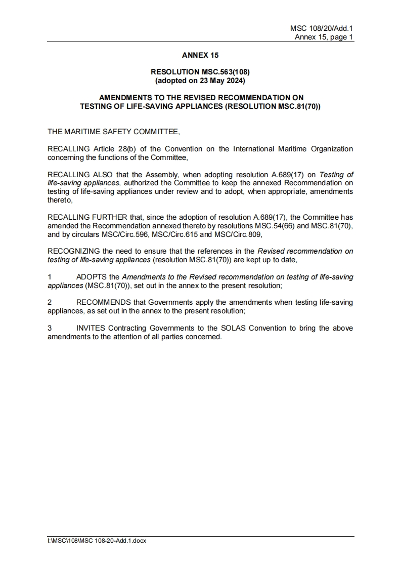 MSC.563(108)？-？Amendments？to？the？Revised？recommendation？on？testing？of？life-saving？appliances