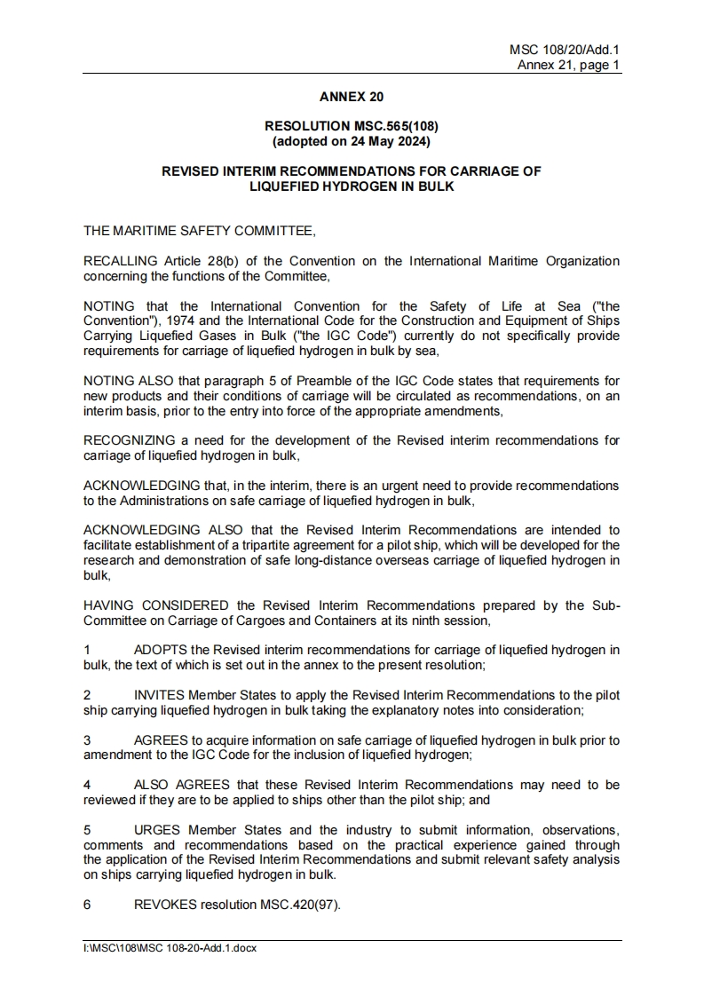 MSC.565(108)？-？Revised？interim？recommendations？for？carriage？of？liquefied？hydrogen？in？bulk