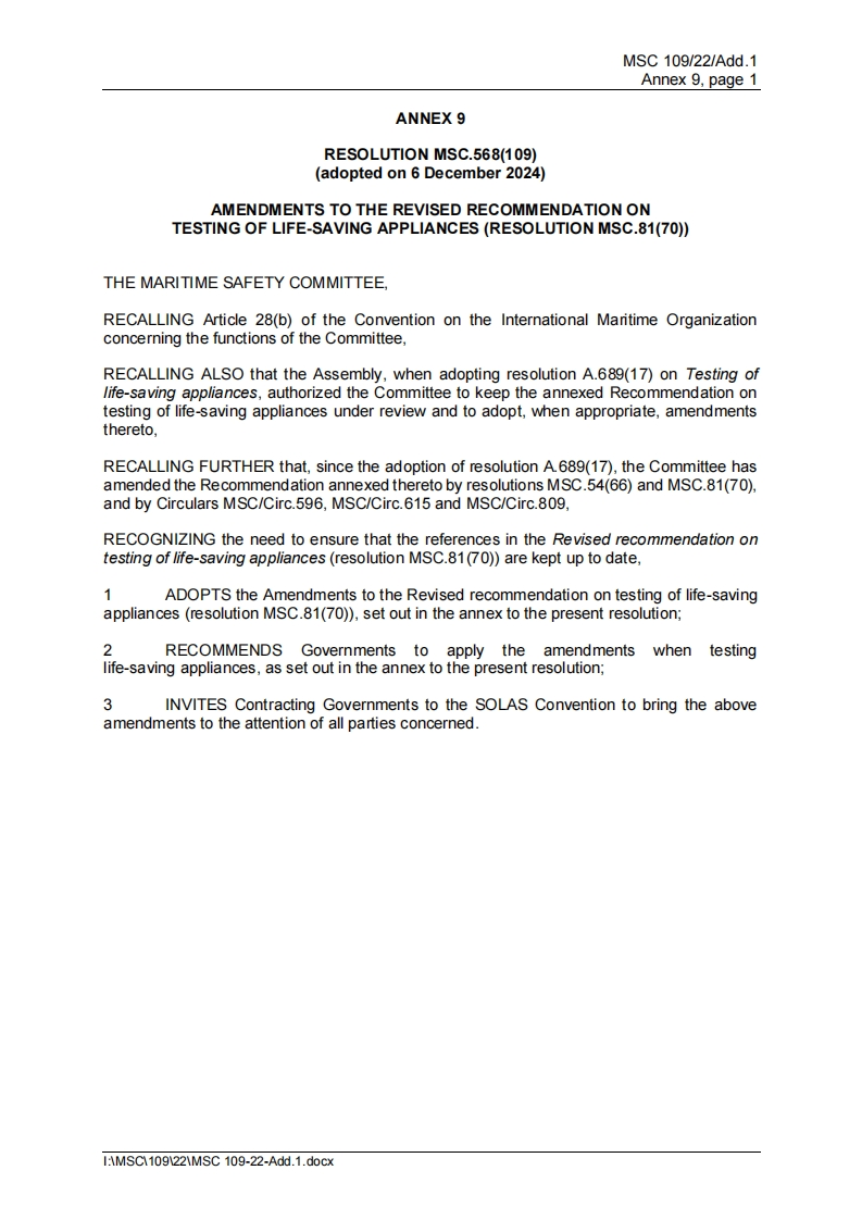 MSC.568(109)-AmendmentstotheRevisedrecommendationontestingoflife-savingappliances(resolutionMSC.81(70))