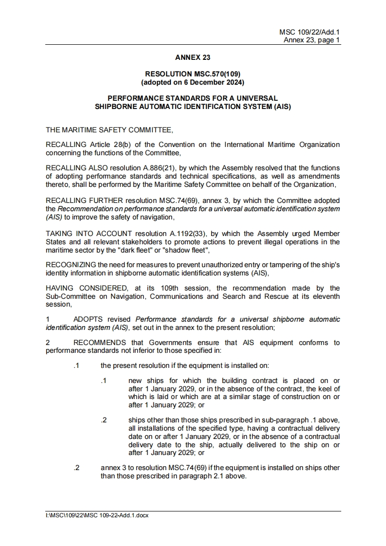 MSC.570(109)-Performancestandardsforauniversalshipborneautomaticidentificationsystem(AIS)