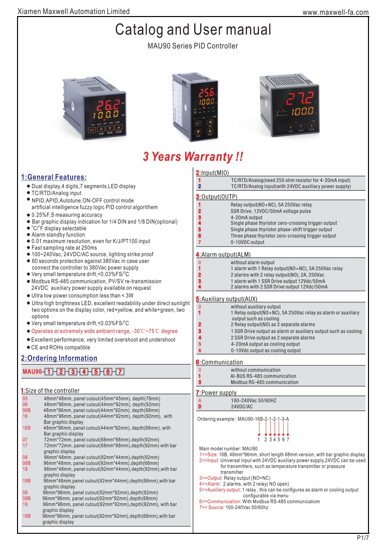 Maxwell-Usermanual(MAU90SeriesPIDController)使用说明书手册