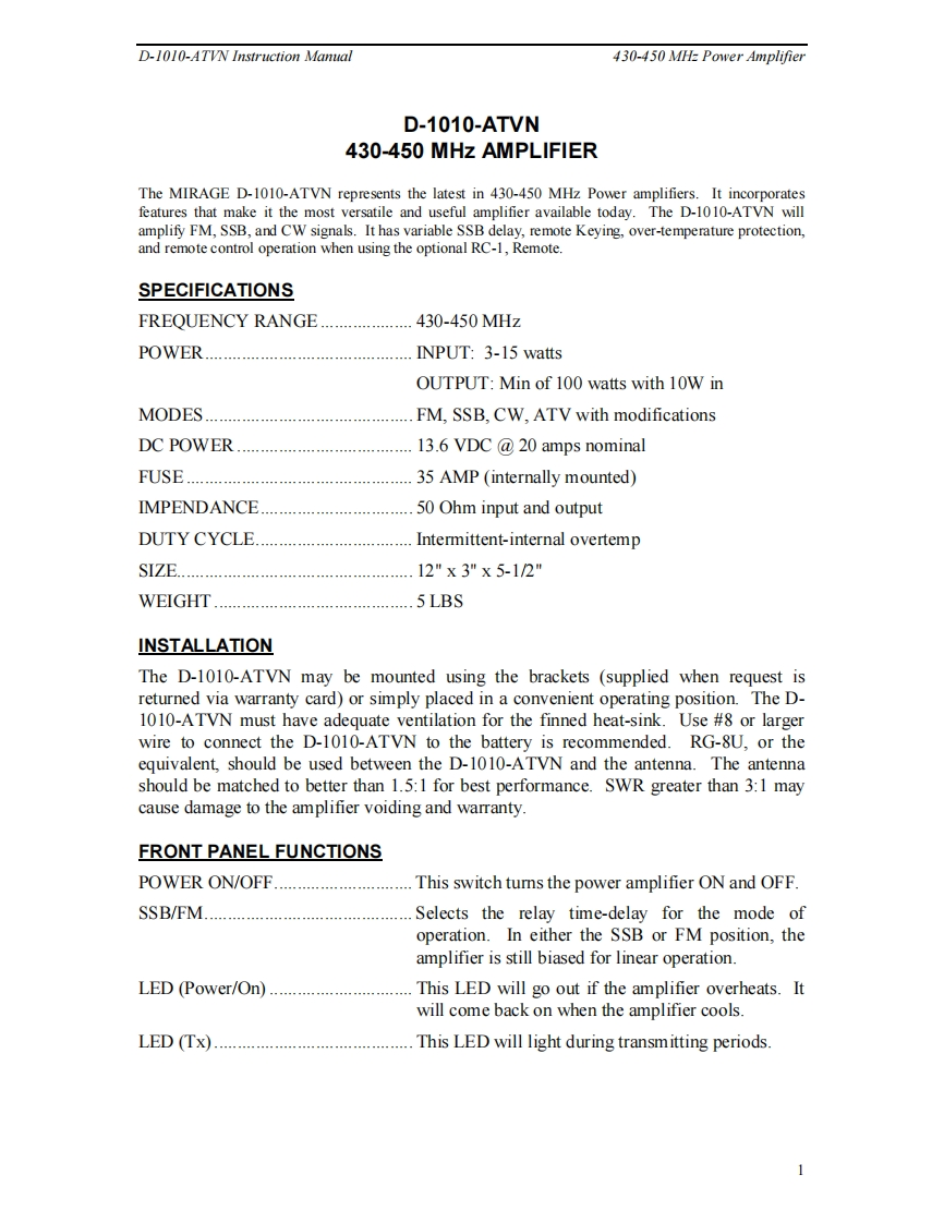 Mirage_D-1010ATVN_Manual操作说明书手册