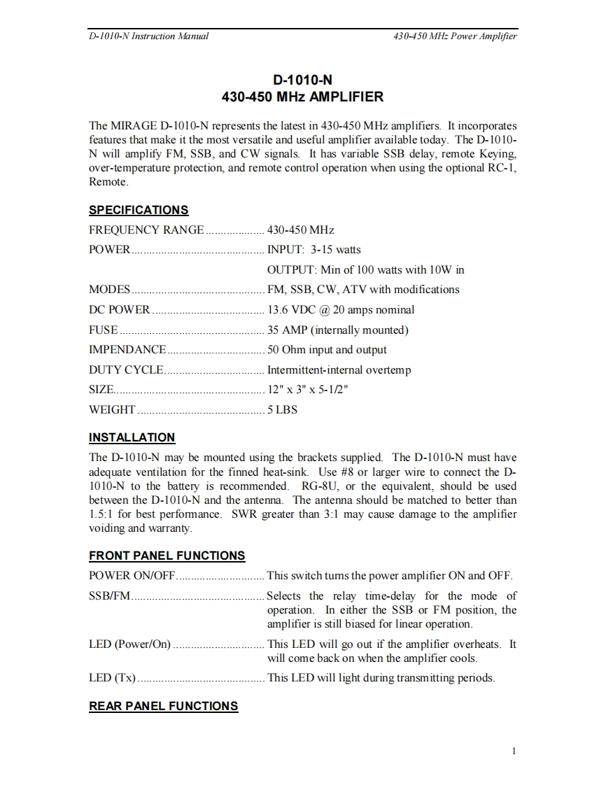 Mirage_D-1010N_Manual操作说明书手册