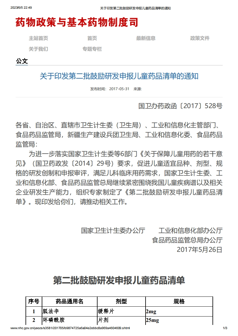 NHC_NMPA_关于印发第二批鼓励研发申报儿童药品清单的通知
