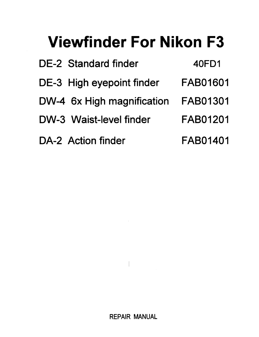 NIKON尼康数码相机F3-Finder维修手册零部件手册