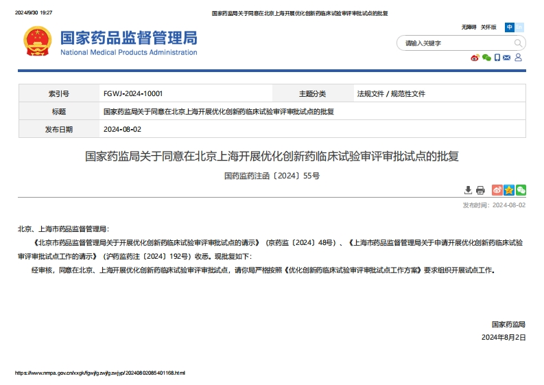NMPA_关于同意在北京上海开展优化创新药临床试验审评审批试点的批复