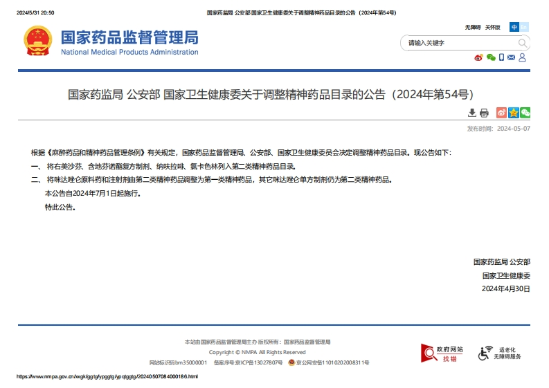 NMPA_关于调整精神药品目录的公告（2024年第54号）