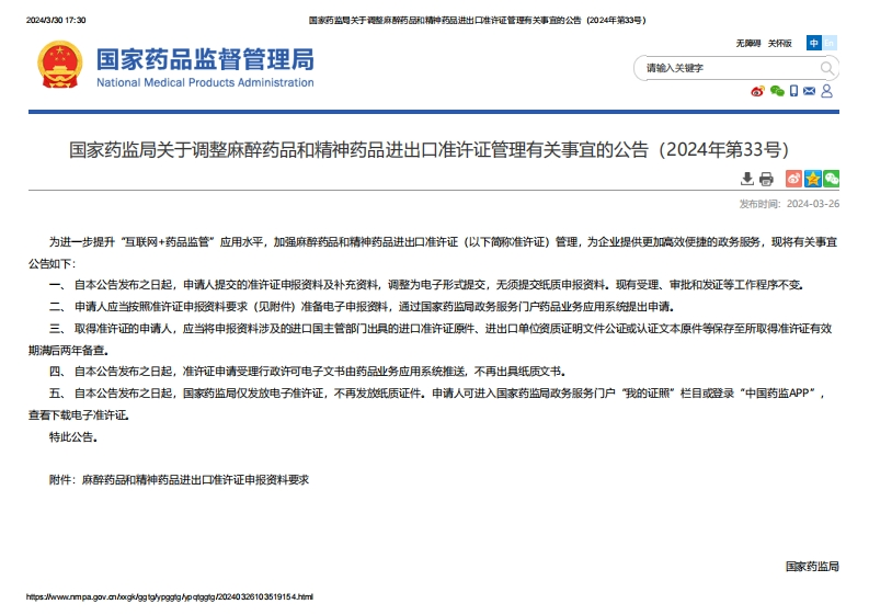 NMPA_关于调整麻醉药品和精神药品进出口准许证管理有关事宜的公告（2024年第33号）新质力文库 - 聚焦新质生产力发展的数字化知识库_行业洞察 / 理论成果 / 实践指南免费下载新质力文库