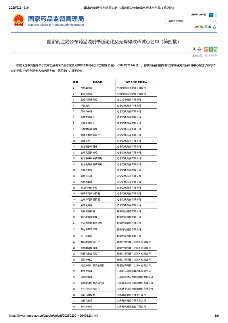NMPA_药品说明书适老化及无障碍改革试点名单（第四批）