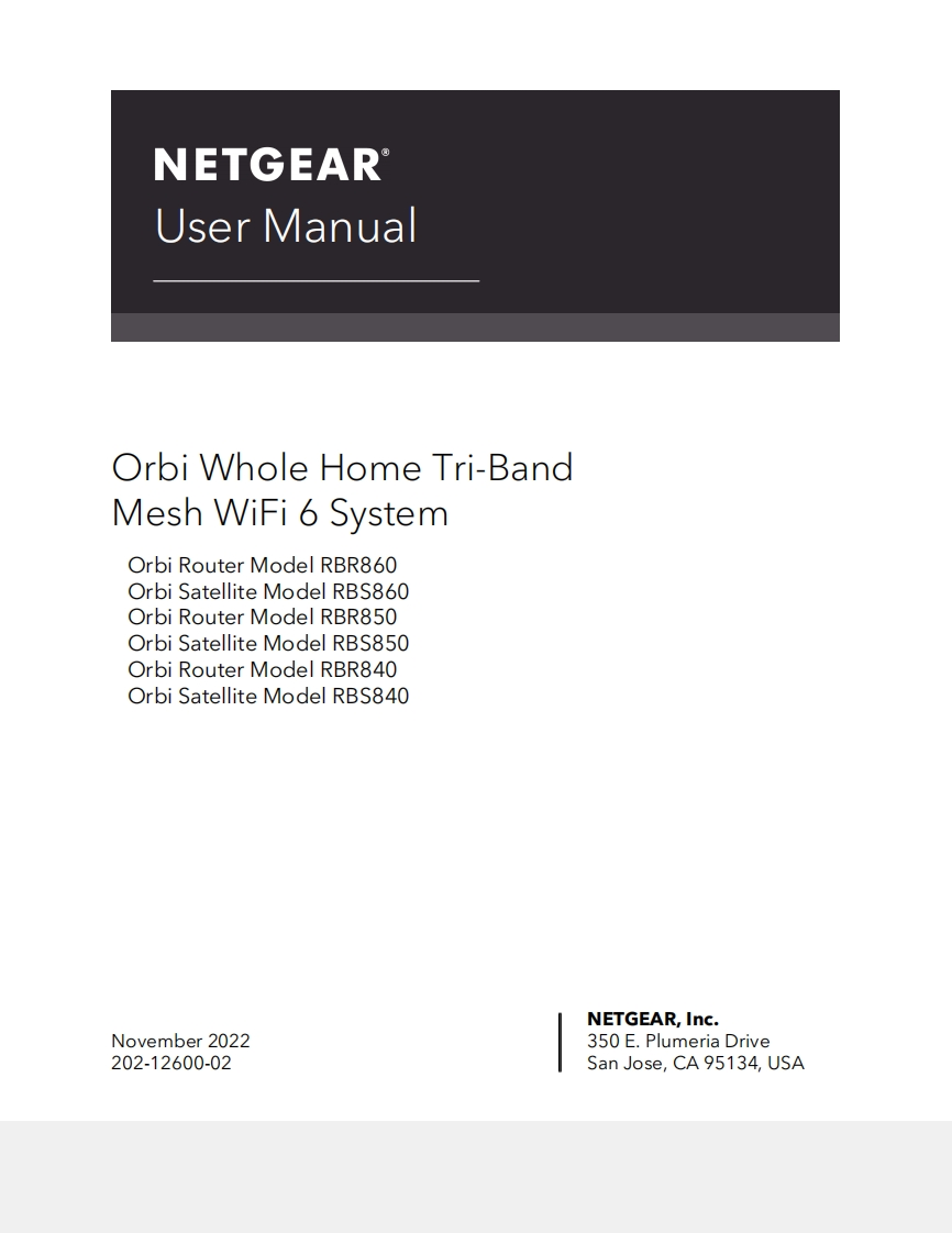 NetgearRBK852OrbiAX6000Tri-bandMeshWiFi6System(2-pack)(RBK852-100NAS)使用说明书手册