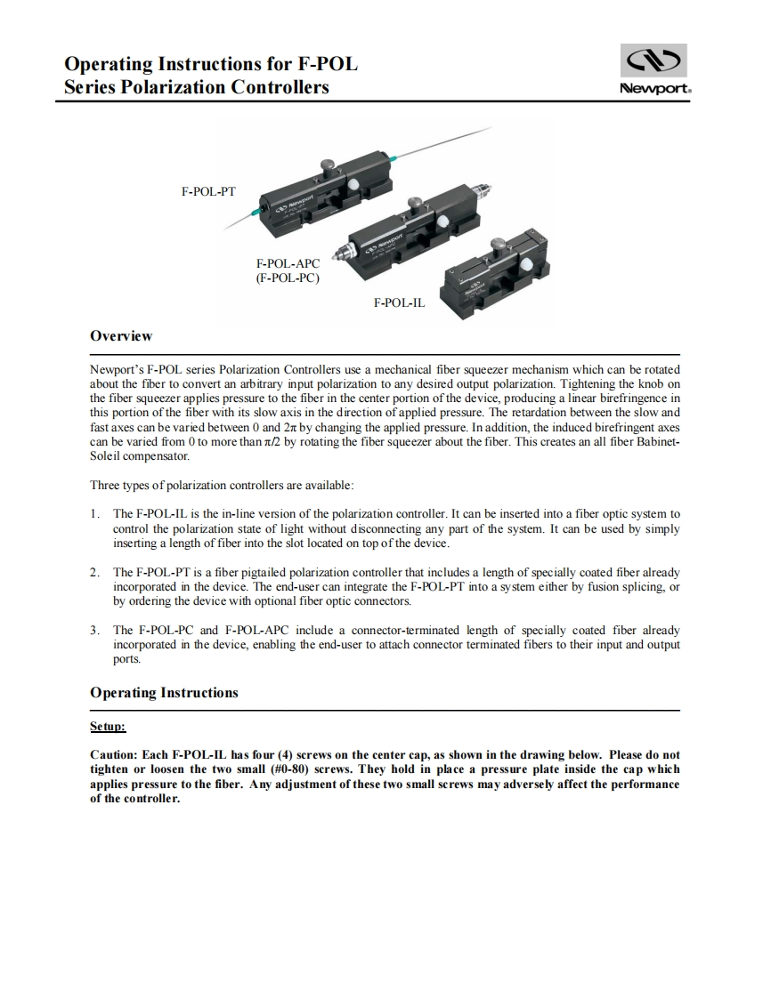 Newport-操作说明书指南-Polarization-Controllers-Instruction-Note