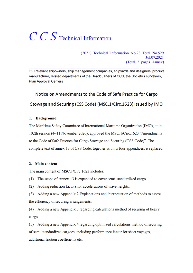 NoticeonAmendmentstotheCodeofSafePracticeforCargoStowageandSecuring(CSSCode)(MSC.1-Circ.1623)IssuedbyIMO